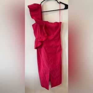 Anthropologie One Shoulder Ruffle Linen Midi Dress Hot Pink LP Petite Barbiecore